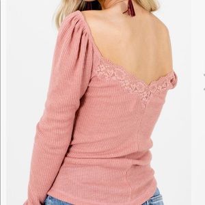 Free People Lace Open Back Long Sleeve Top Large